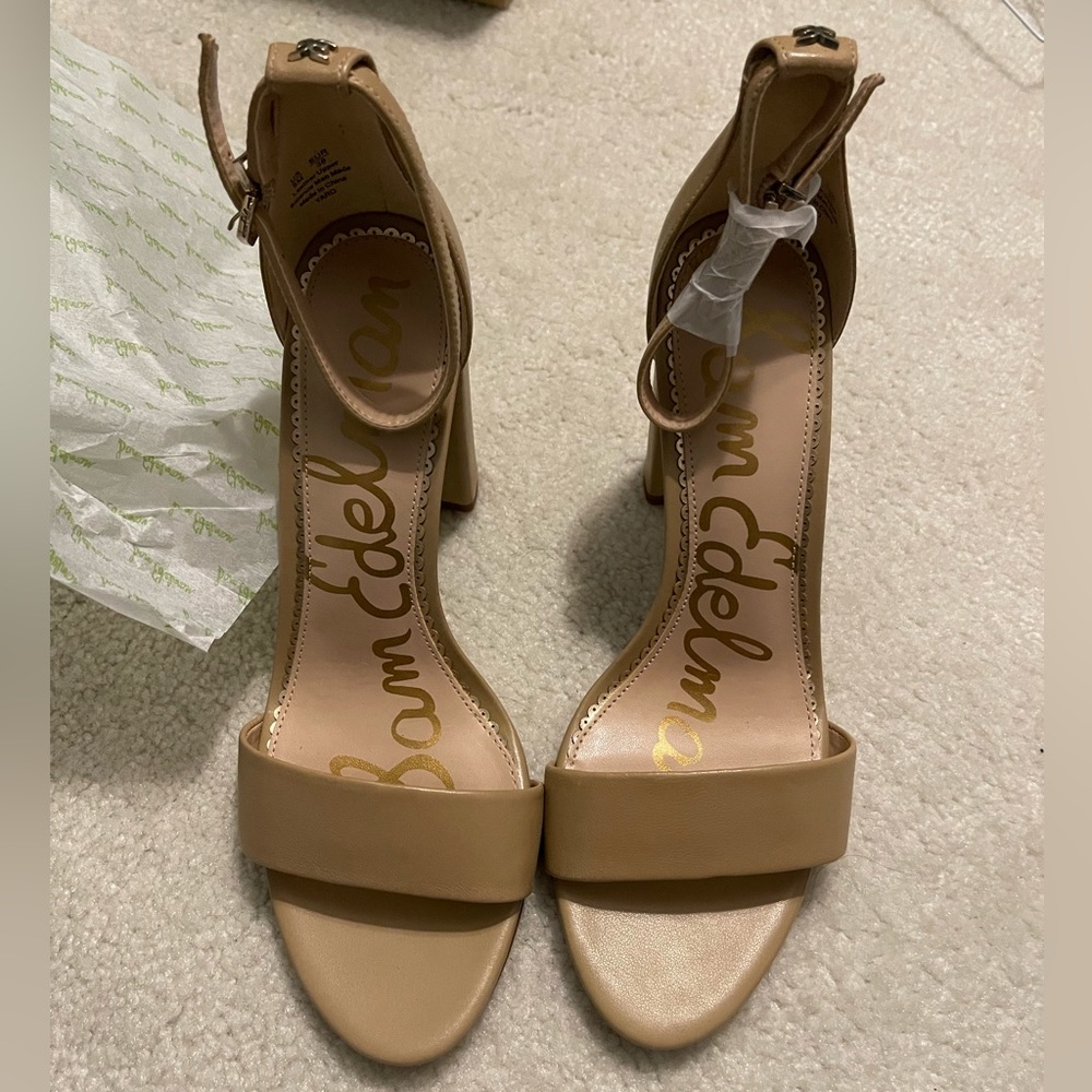 Sam Edelman Yaro Block Ankle Strap Soft Beige Leather Heel